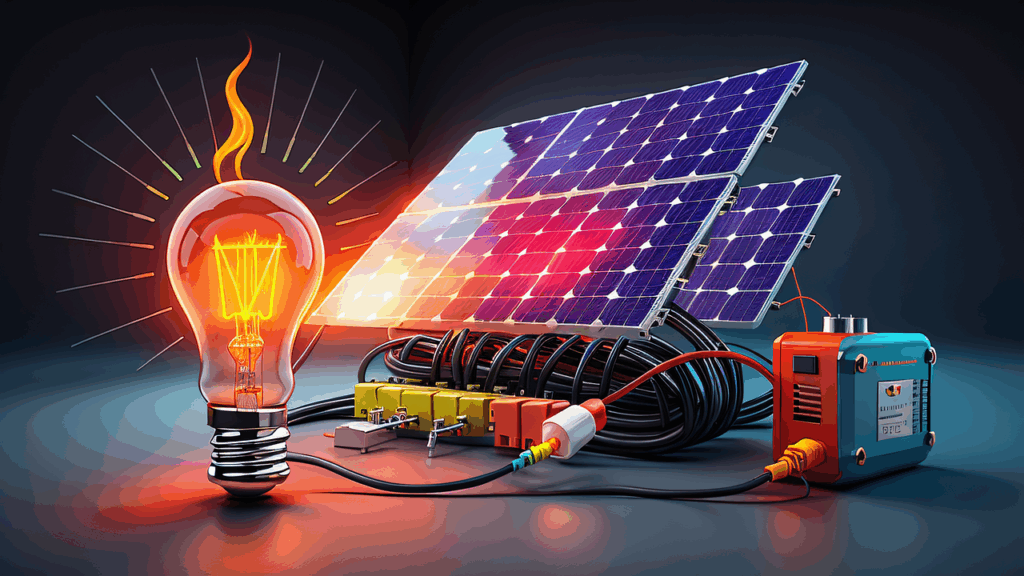 ai generated, solar energy, solar panels, photovoltaic, energy, power storage, light bulb, energy saving, energy transition, battery pack, battery, electronics, circuit, technology