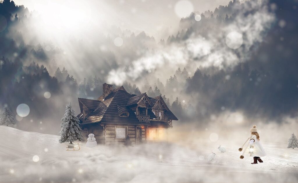 snow, cottage, winter, girl, winter clothes, winter clothing, cabin, wooden house, snowfalls, snowy, blizzard, snowing, nature, conifers, coniferous, conifer forest, wintry, winter magic, mood, forest, house, illuminated, hut, forest lodge, fog, log cabin, fantasy, fantasy picture