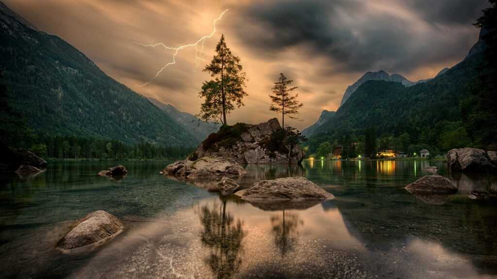 nature, wallpaper 4k, nature background, free wallpaper, waters, lake, island, landscape, thunderstorm, mac wallpaper, tree, clouds, beautiful nature, lightning, beautiful wallpaper, alpine, panorama, mirroring, mountain, hintersee, cool backgrounds, rocks, wallpaper hd, night, light, alps, 4k wallpaper, hd wallpaper, laptop wallpaper, windows wallpaper, cool wallpaper, full hd wallpaper, nature wallpaper, 4k wallpaper 1920x1080, zoom background, free background, desktop backgrounds, background